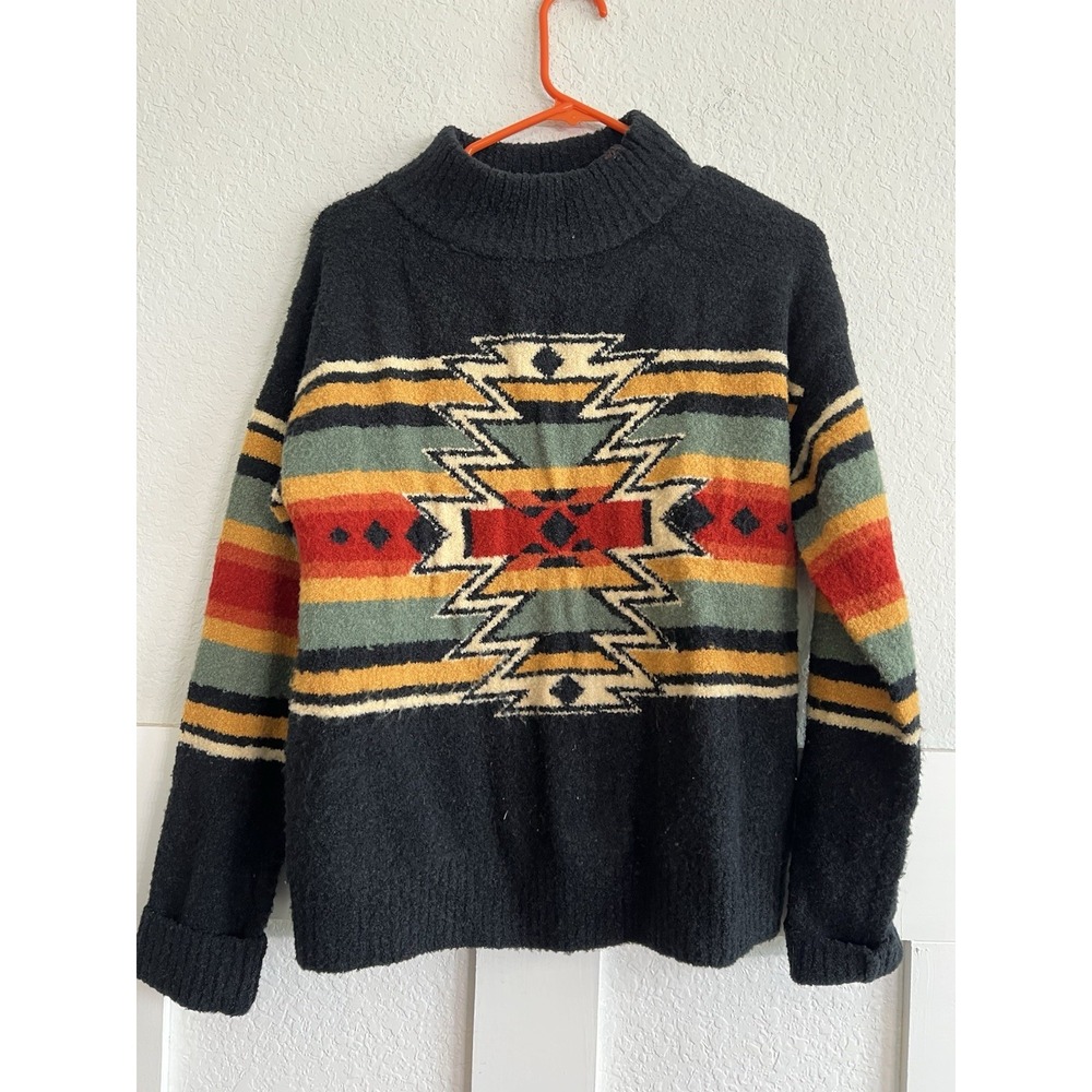 Panhandle Sweater Womens M Black R Beige Blue Aztec Western Pullover Cowboy Knit